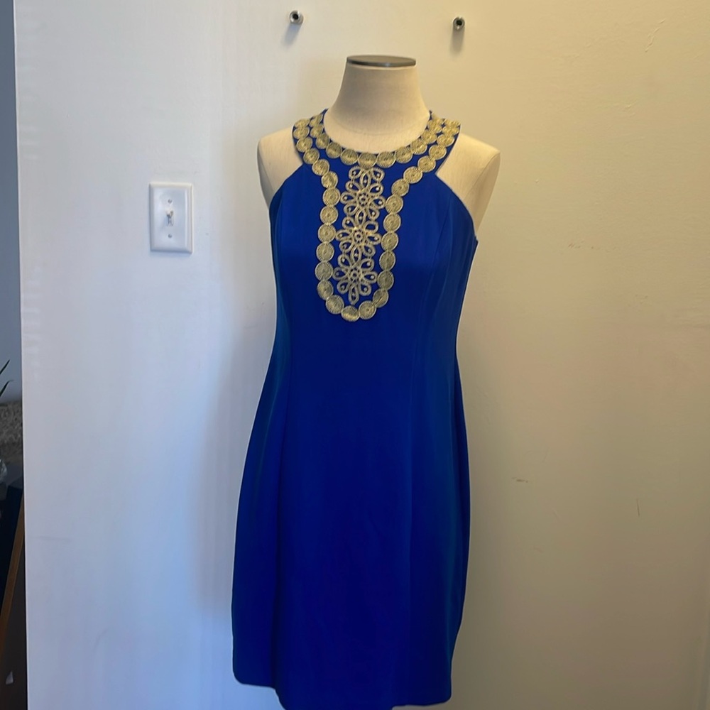 Blue and Gold Halter Sheath Mini Dress